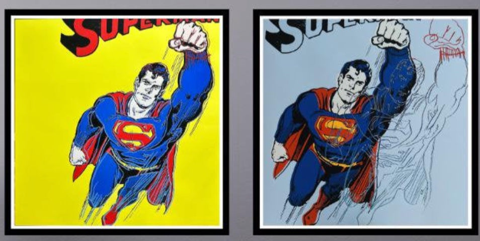 ANDY WARHOL– 2 Piece Pkg: “Superman Trials"- Yellow & Lt. Blue- Screenprint Proofs- Myths-Diamond Dust Museum Board-38 x 38" Wall Art
