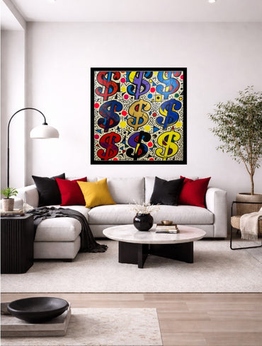 FENZOLINI Original PAINTING/ACRYLIC "Hari Miri Dollars"- Mixed Media- 38 x 38"Framed