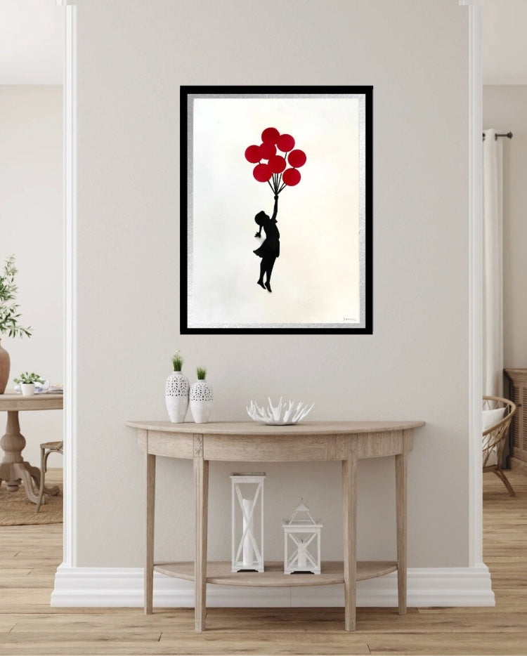 BANKSY –"8 Red Balloons"- Original Sprayed black & red paint- Signed- Museum Quality- Full sized-Wall Art