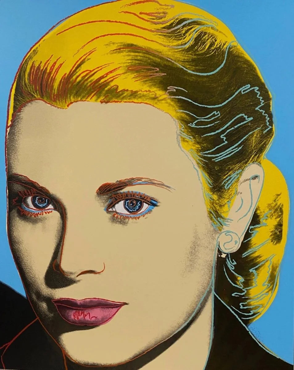 Colorful portrait of a person with blonde hair against a blue background