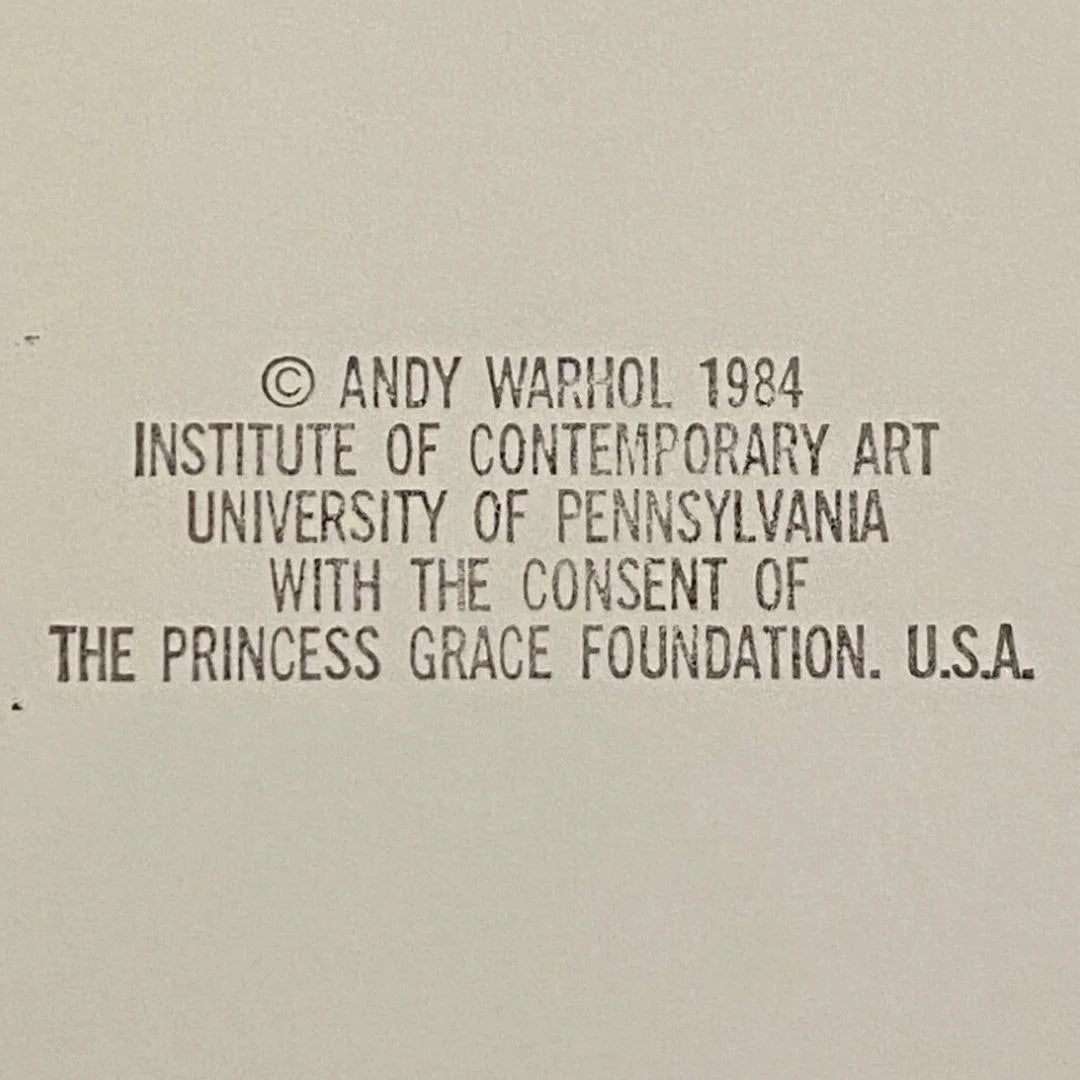 Text attribution to Andy Warhol, Institute of Contemporary Art, University of Pennsylvania, and The Princess Grace Foundation on a beige background.