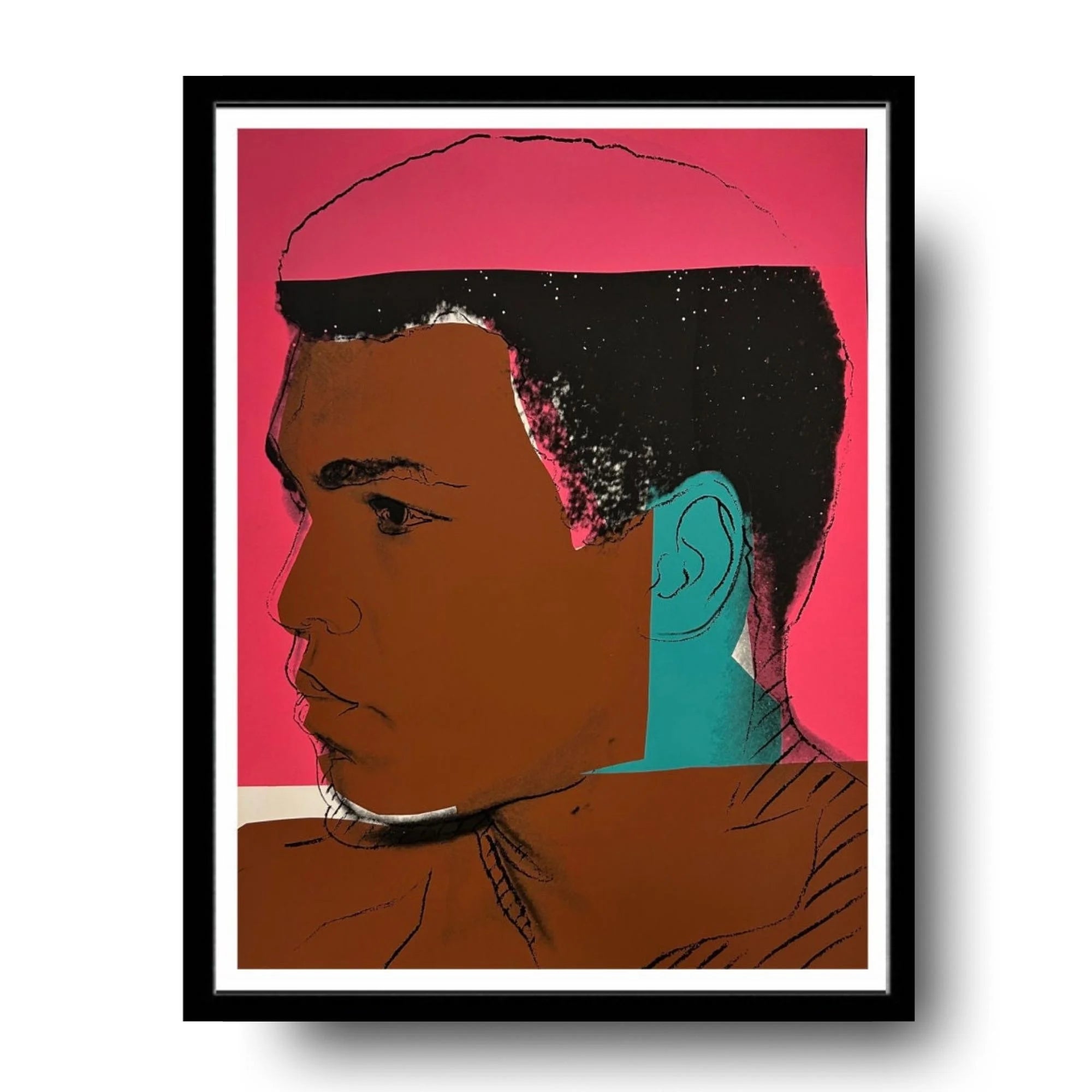 Framed artwork of a person with a pink background