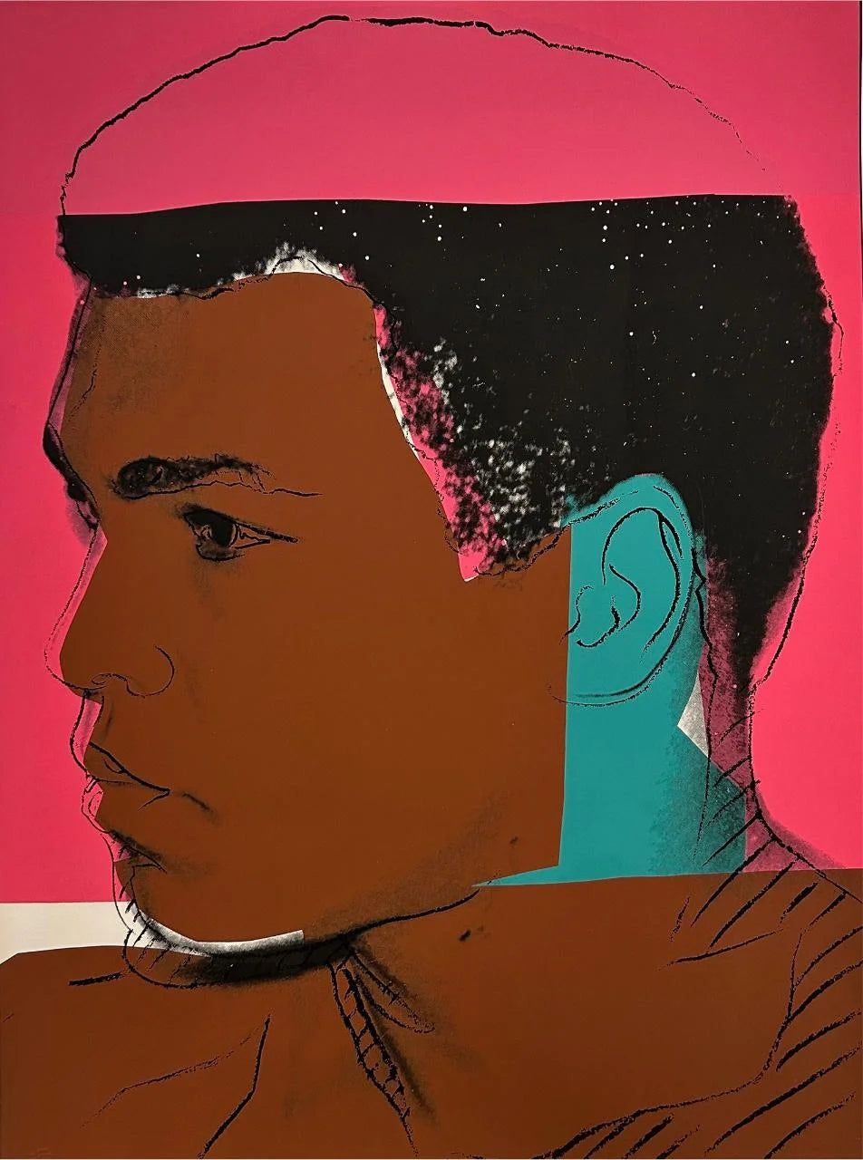 Artistic illustration of a Muhammad Ali with a pink background