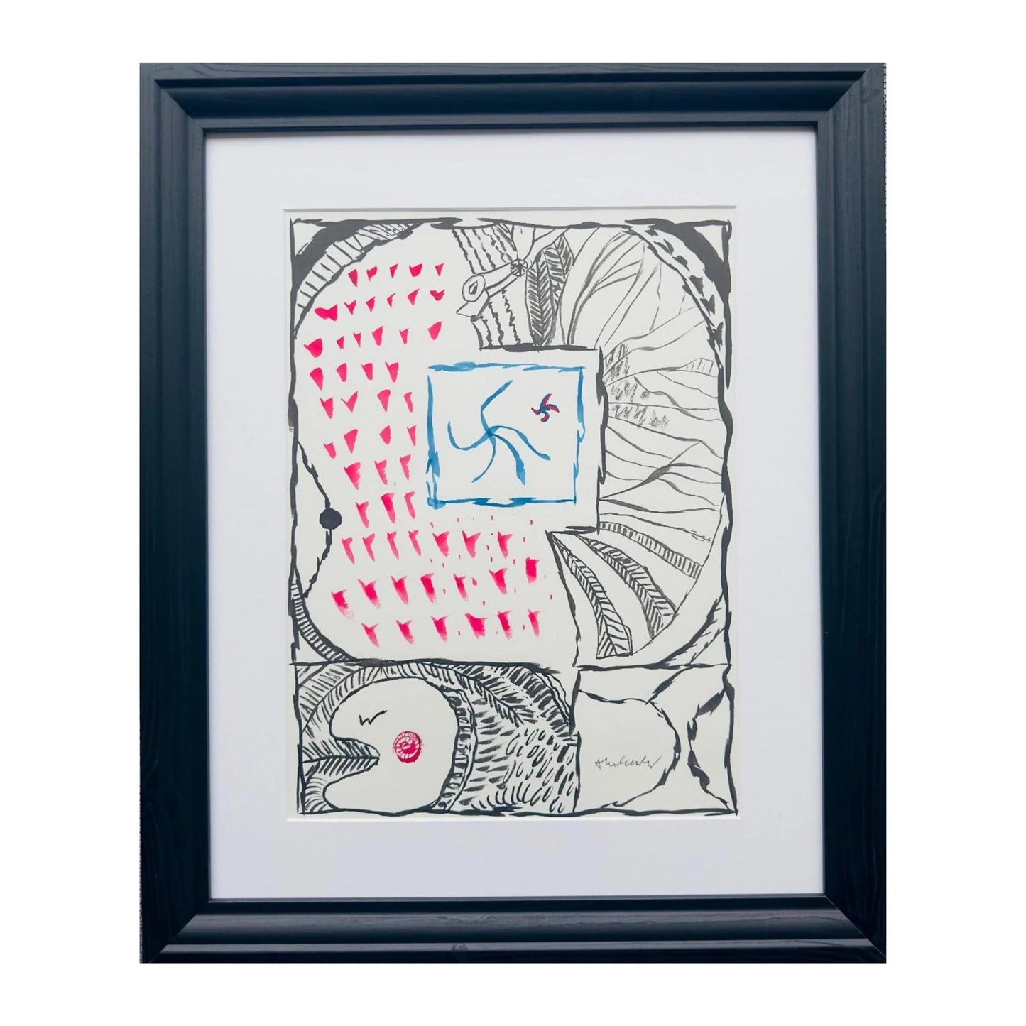 PIERRE ALECHINSKY: Unique Hand-Signed- Abstract Ink Painting- Framed- Contemporary Artwork