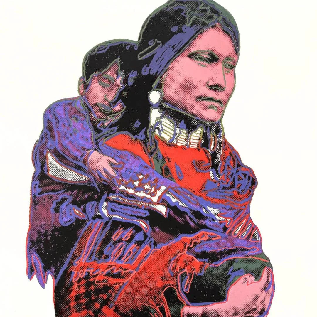 Colorful depiction of a woman holding a child against a white background