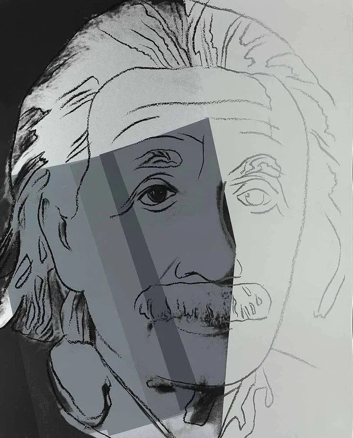 Artistic depiction of Albert Einstein with a stylized face and hair, using shades of gray.