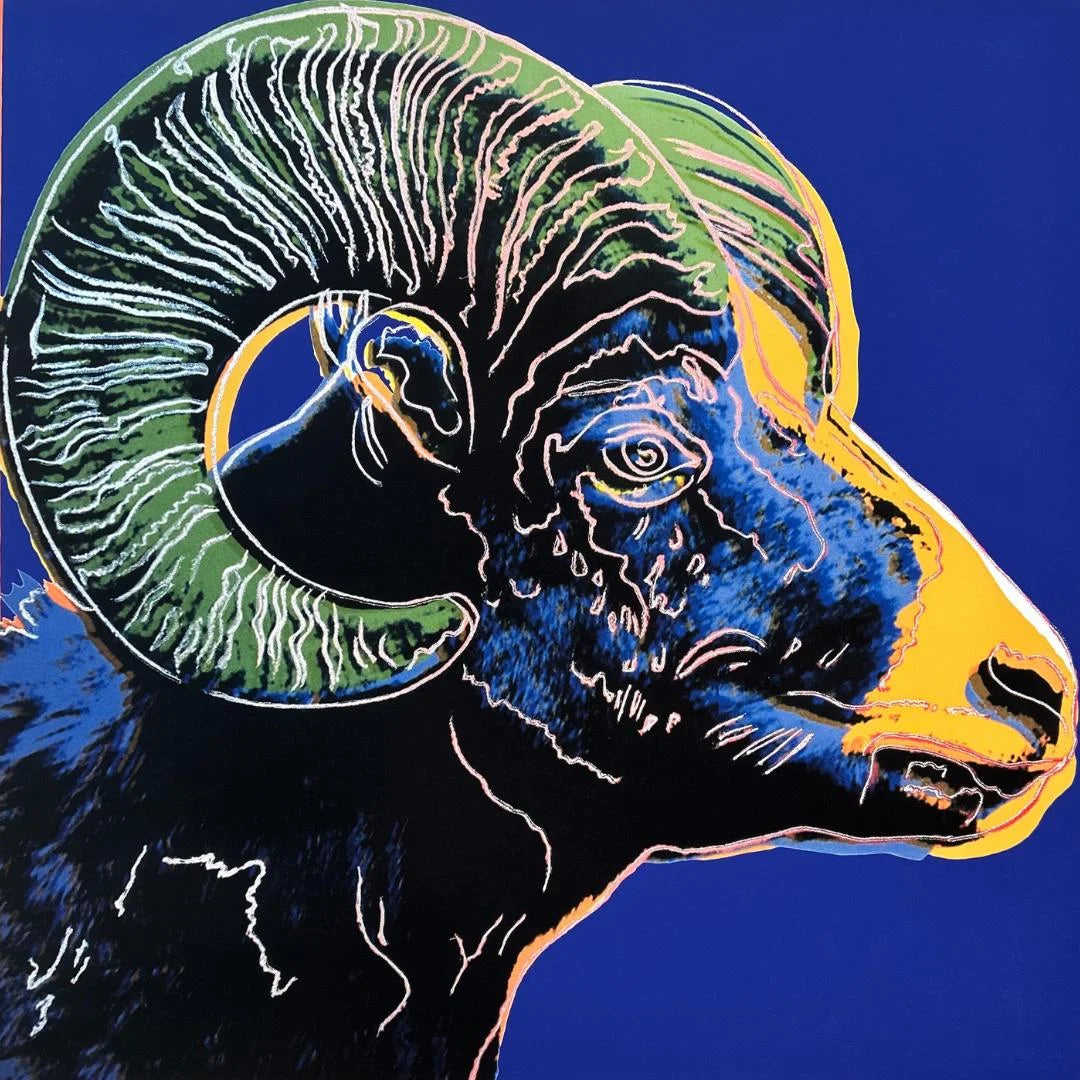 Colorful abstract depiction of a ram's head on a blue background