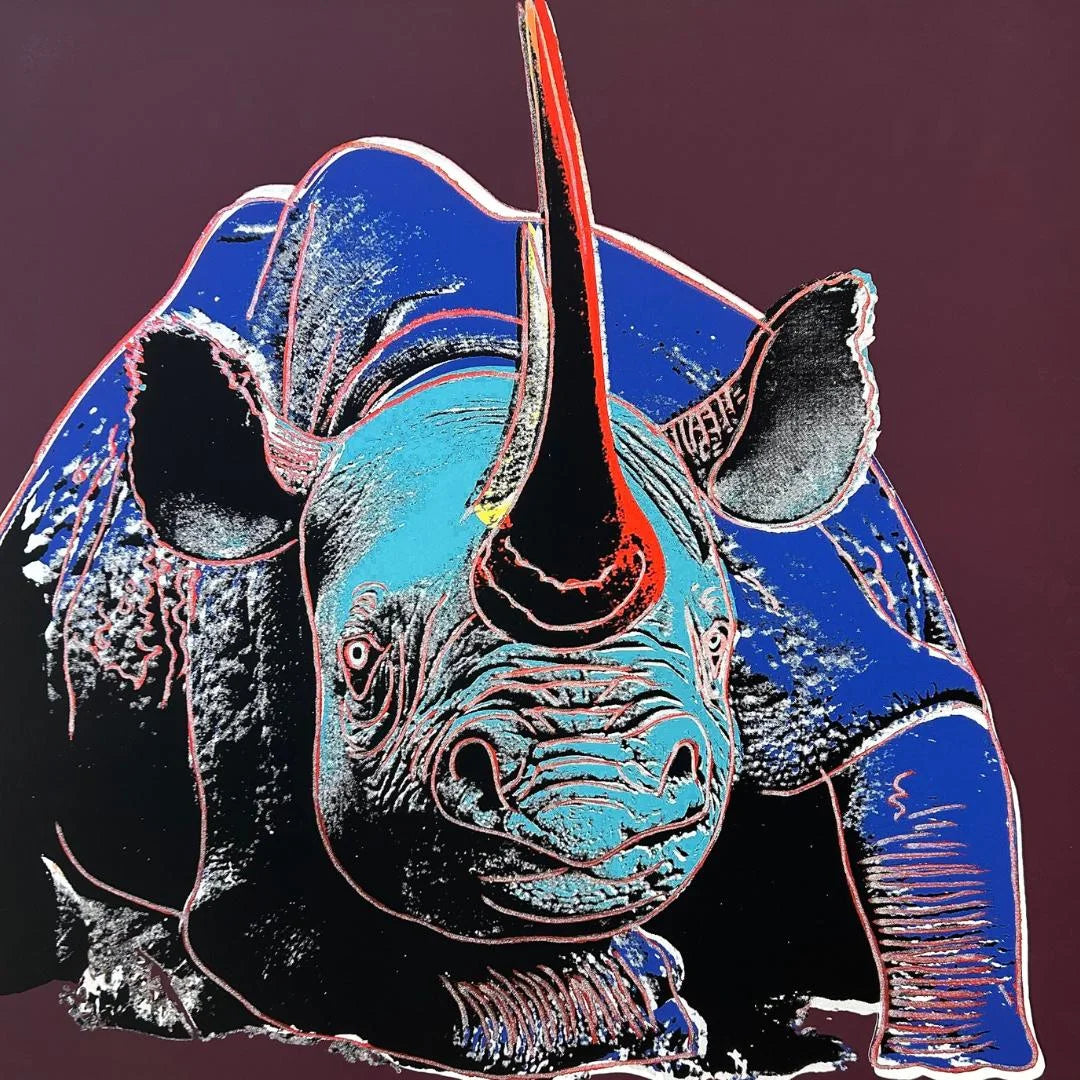 Colorful illustration of a rhinoceros on a dark background