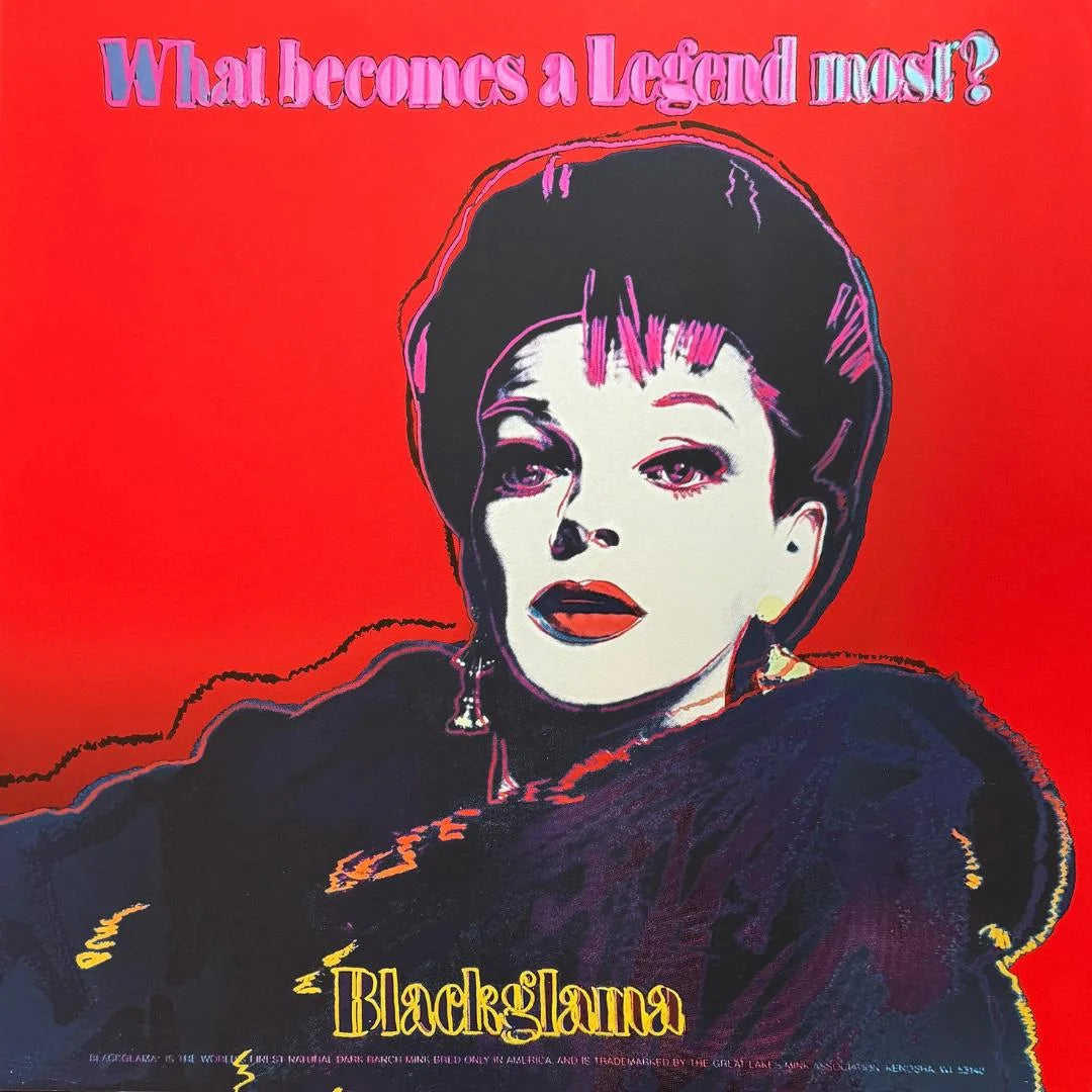 Vintage-style poster with a stylized portrait of a woman on a red background, featuring the text 'Blackglama'