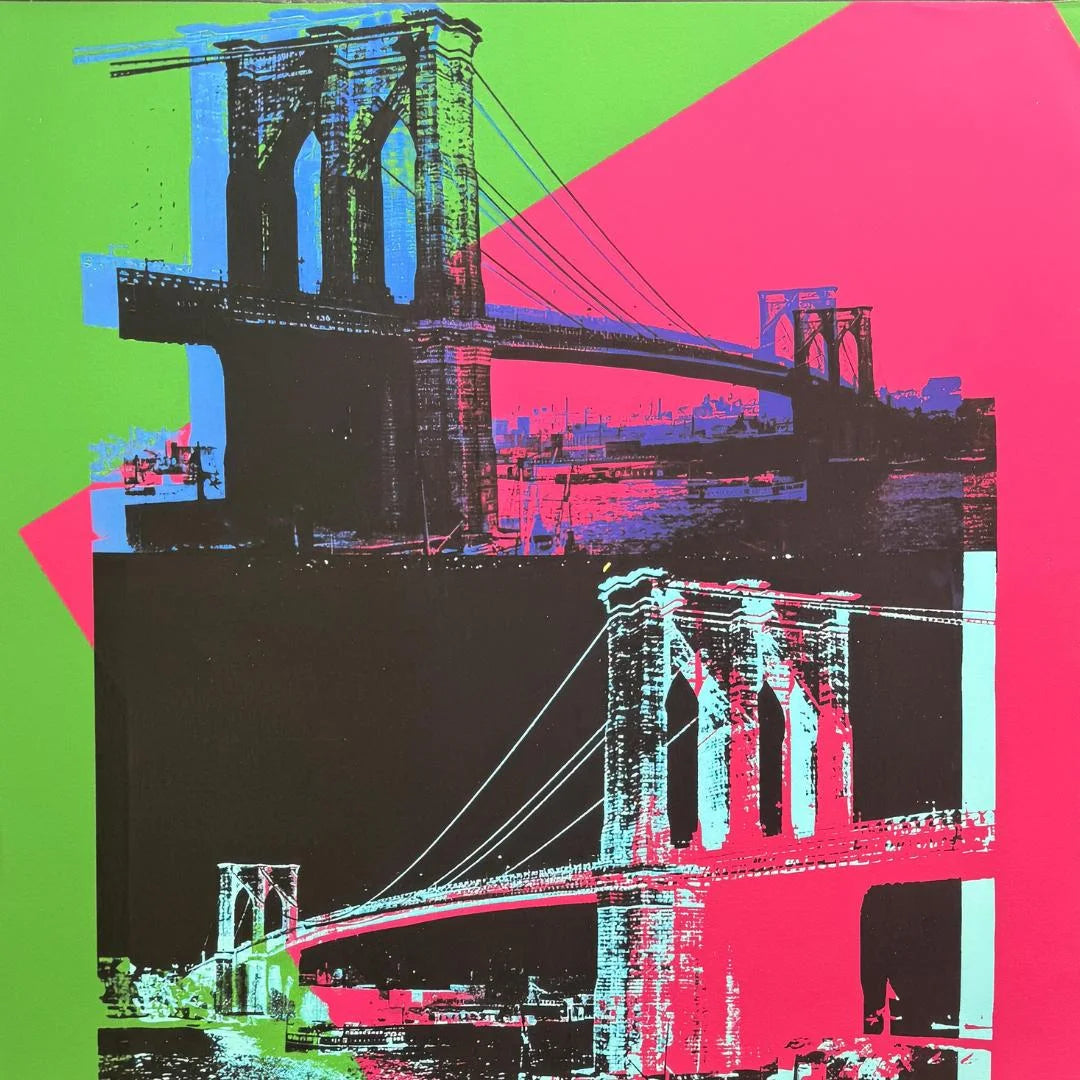 Colorful abstract depiction of the Brooklyn Bridge with geometric shapes.