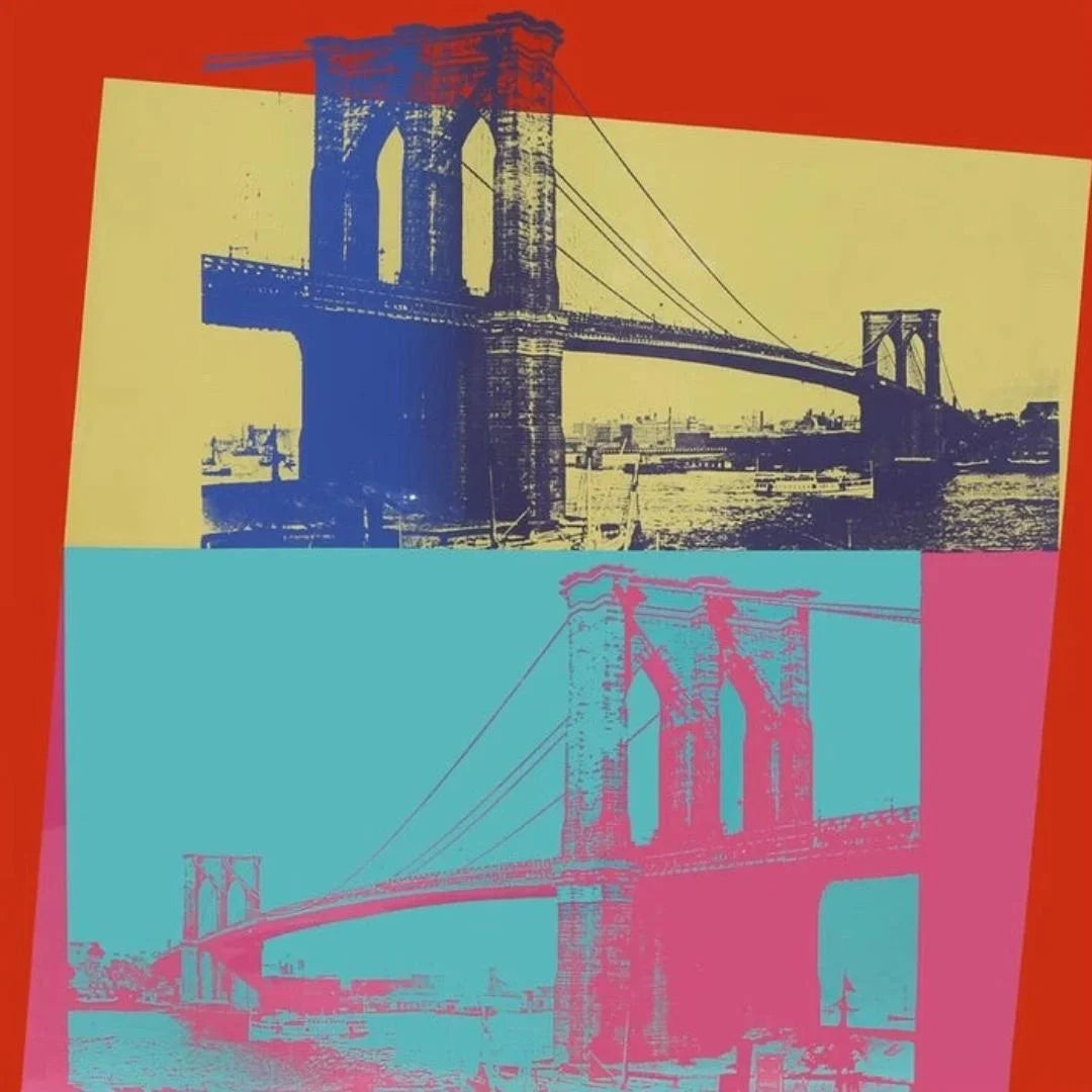 Two stylized images of the Brooklyn Bridge on a colorful background