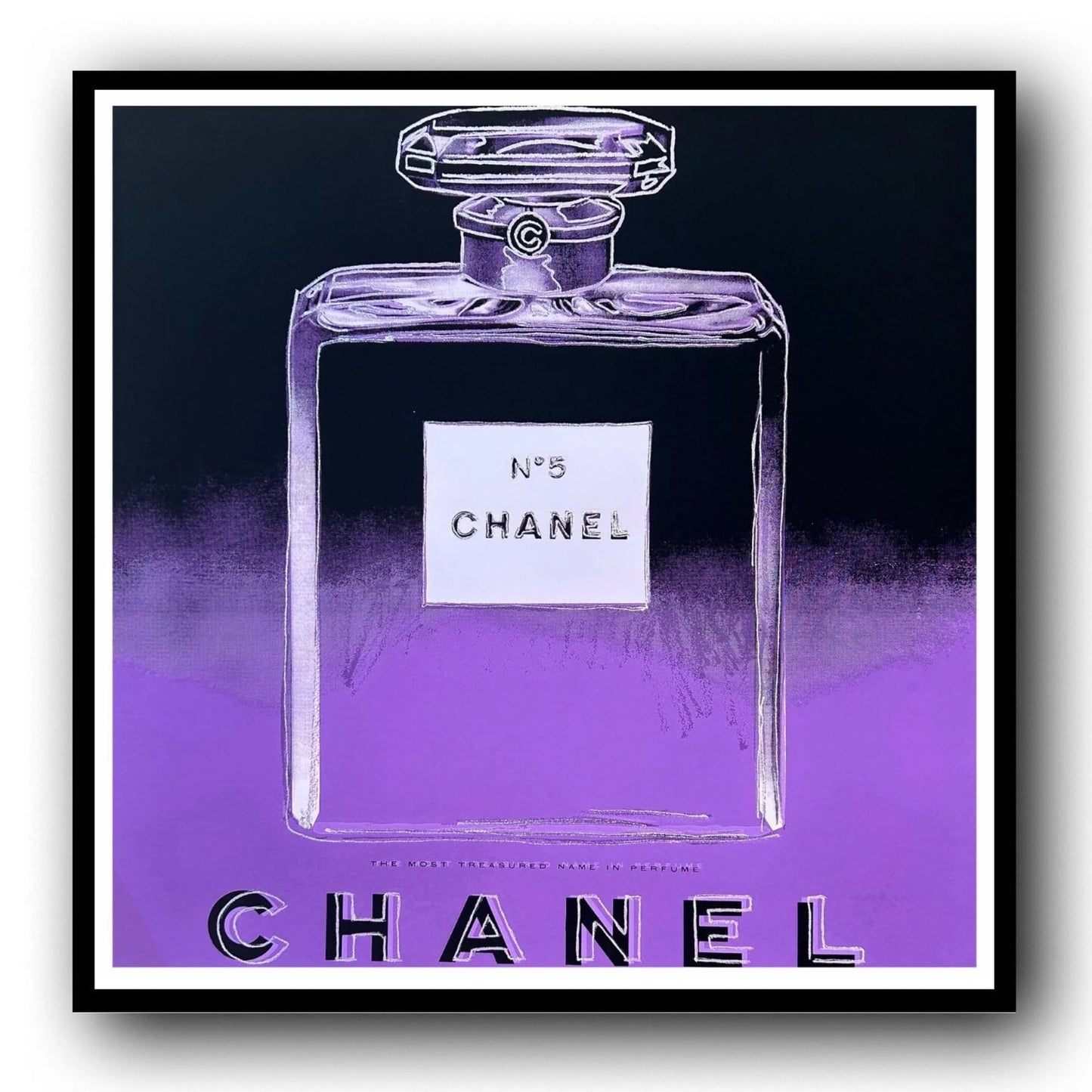 Framed artwork of a Chanel No. 5 perfume bottle with a purple gradient background.
