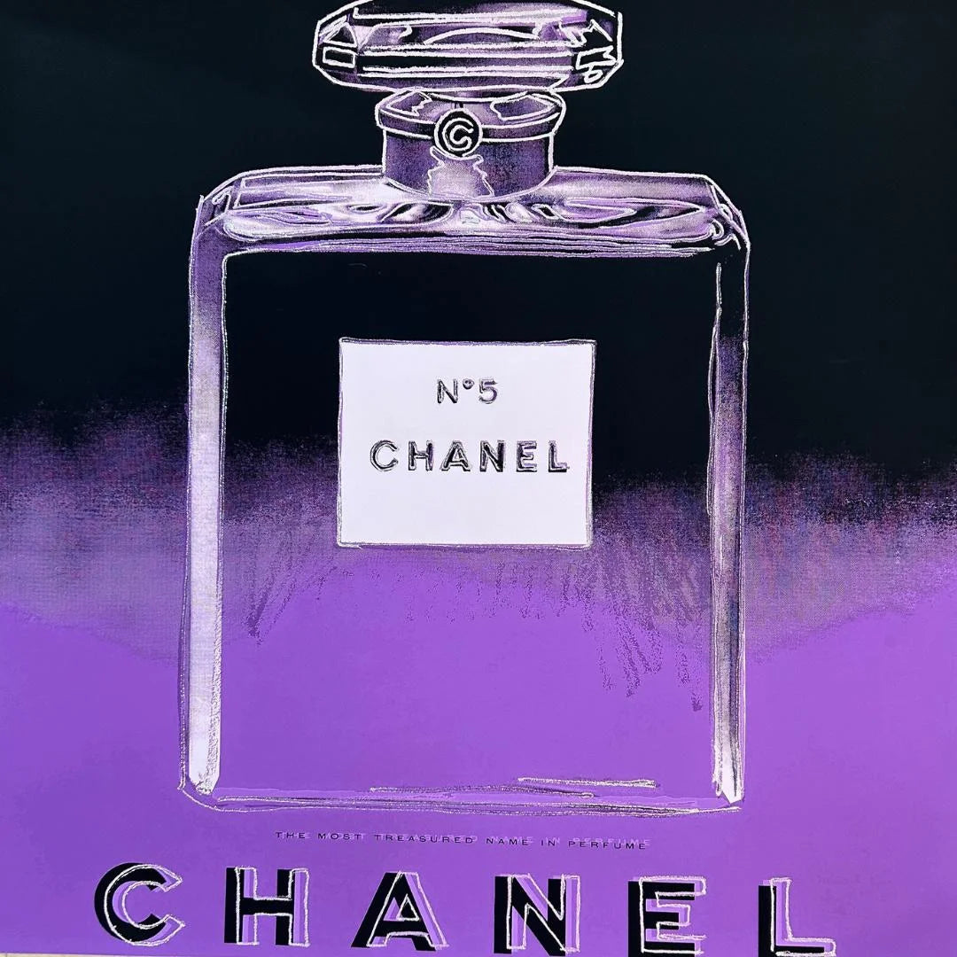 Chanel No. 5 perfume bottle illustration on a purple background