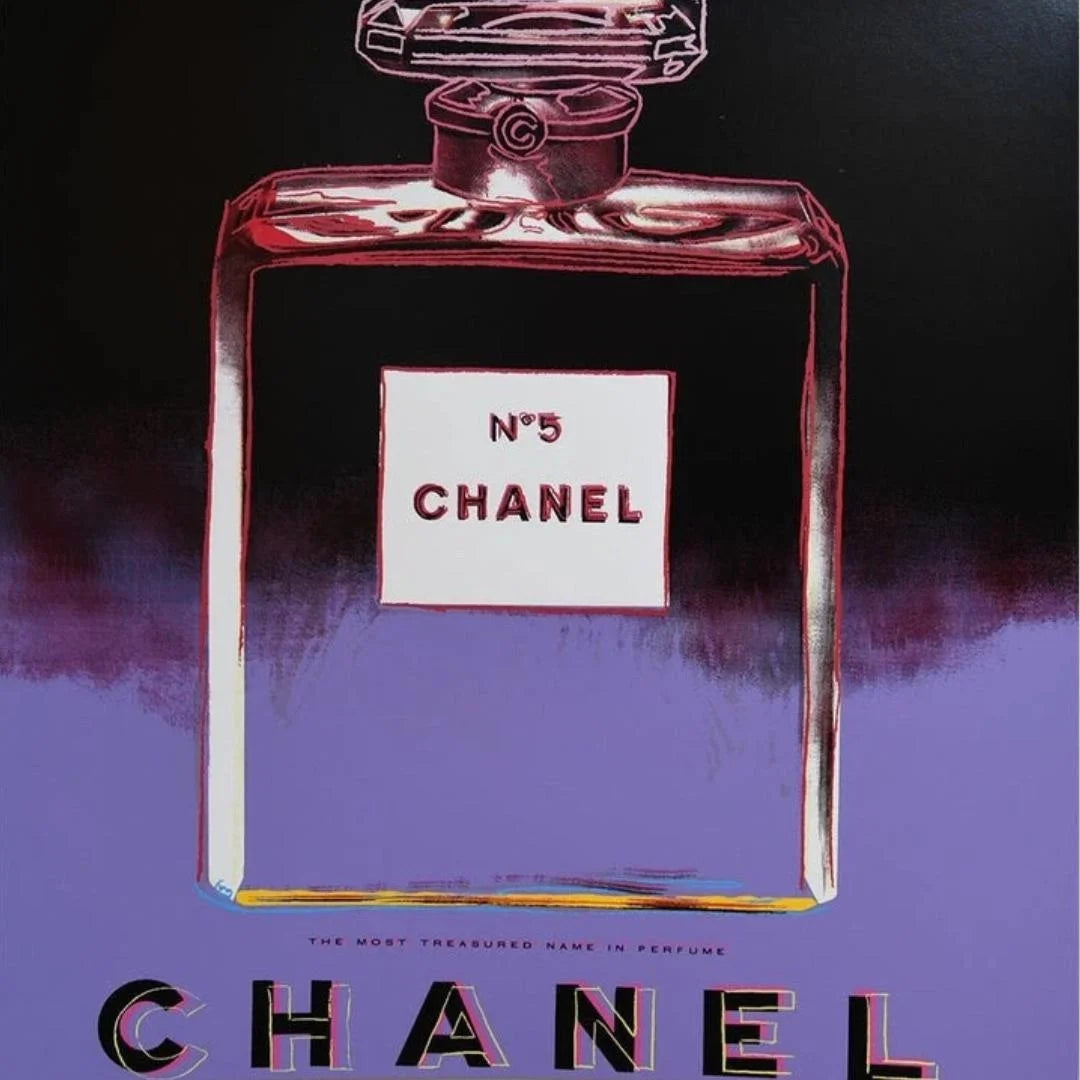 Chanel No. 5 perfume bottle with a stylized background