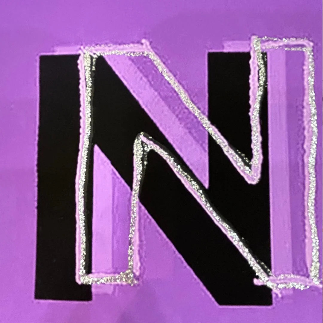 Black letter 'N' with a silver outline on a purple background