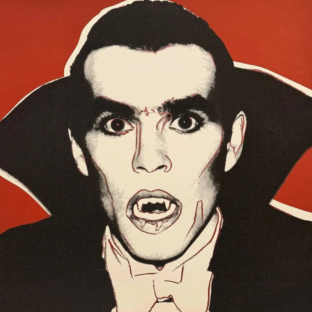 Illustration of Dracula, wearing a suit against a red background.