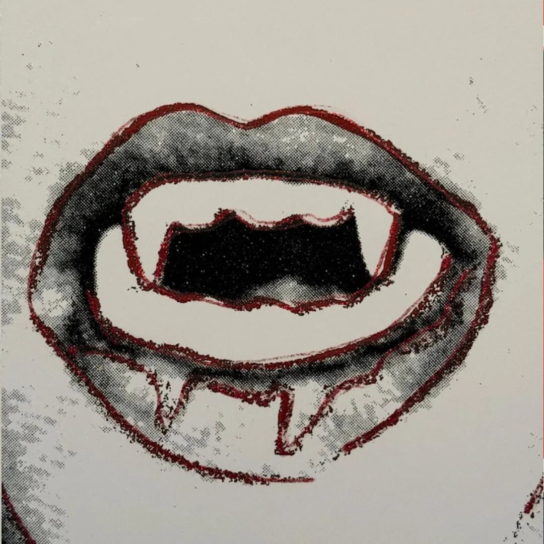 Illustration of a mouth with fangs on a textured background