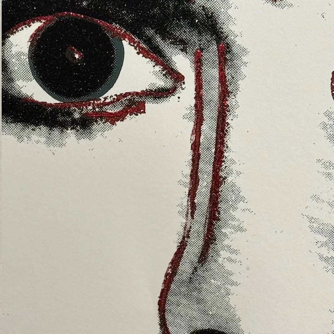 Artistic depiction of an eye with a red line running down the face on a textured background