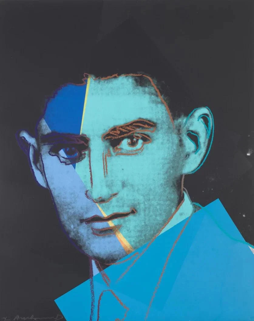 Surreal portrait with blue and orange coloration on a dark background