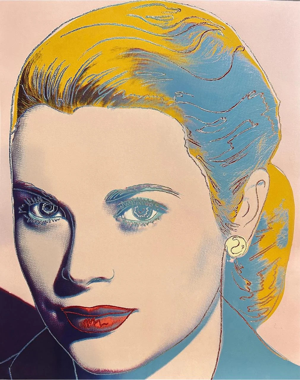 Artistic depiction of a woman's face with stylized hair and earrings on a colorful background