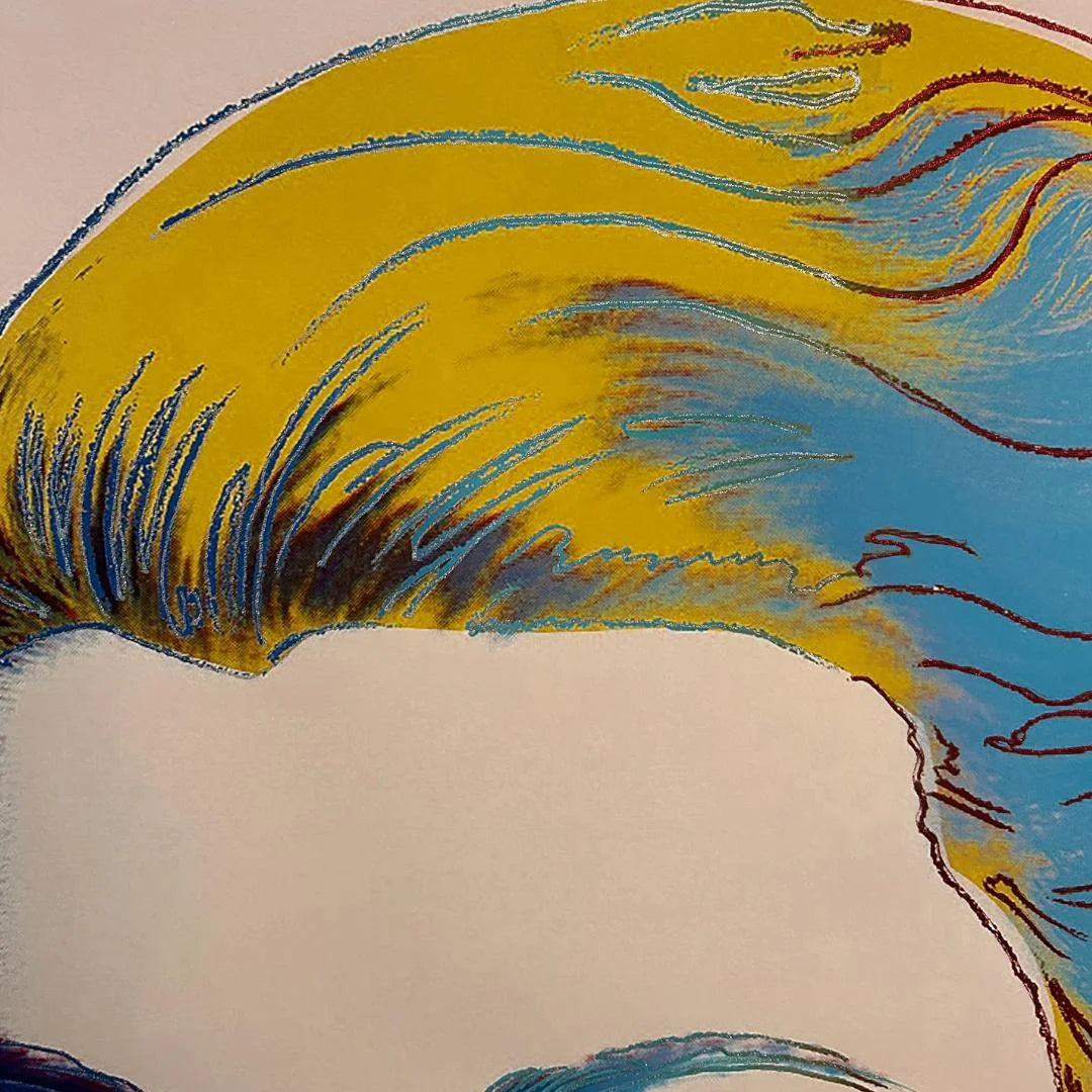 Abstract artwork with yellow, blue, and brown colors on a beige background