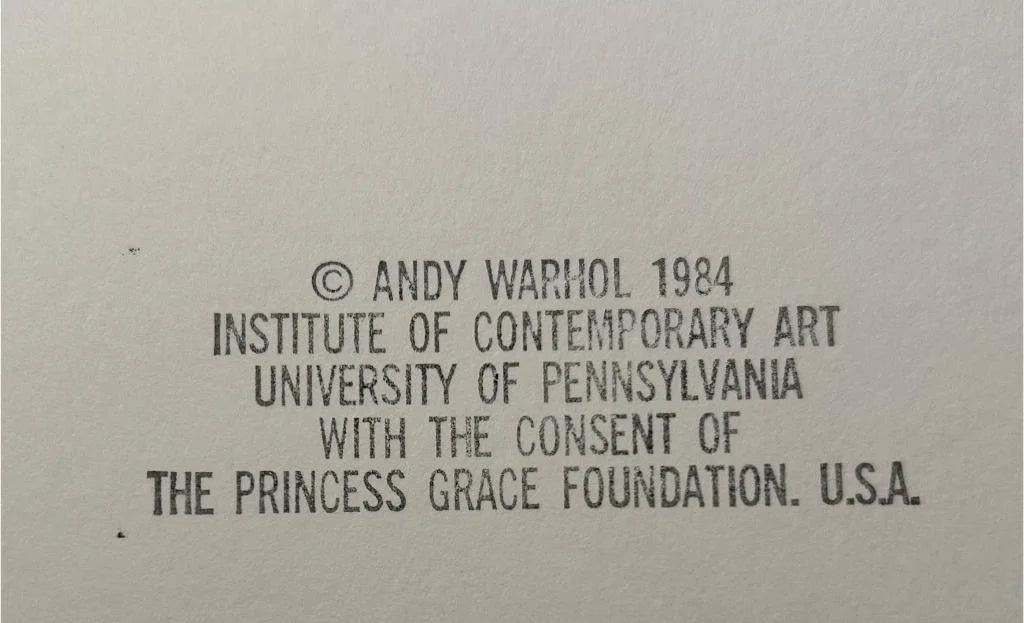 Text attribution to Andy Warhol, Institute of Contemporary Art, University of Pennsylvania, and The Princess Grace Foundation on a gray background.