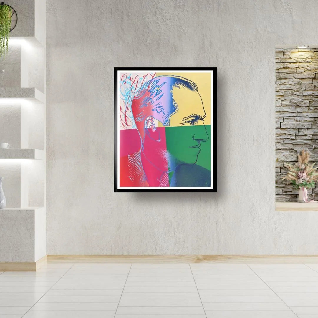 Colorful abstract portrait art piece on a wall in a modern interior setting.