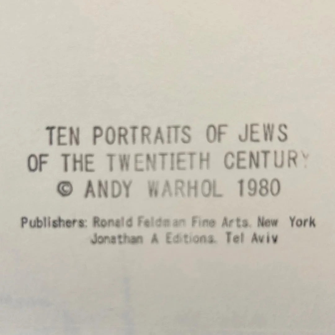 Text on a beige background indicating 'Ten Portraits of Jews of the Twentieth Century' by Andy Warhol, published in 1980.
