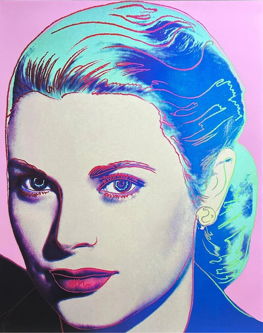 Colorful abstract portrait of Grace Kelly with vibrant hair and eyes on a pink background