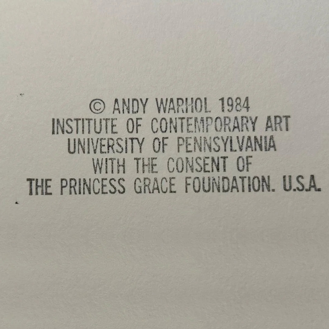 Text attribution to Andy Warhol, Institute of Contemporary Art, University of Pennsylvania, and The Princess Grace Foundation on a gray background.