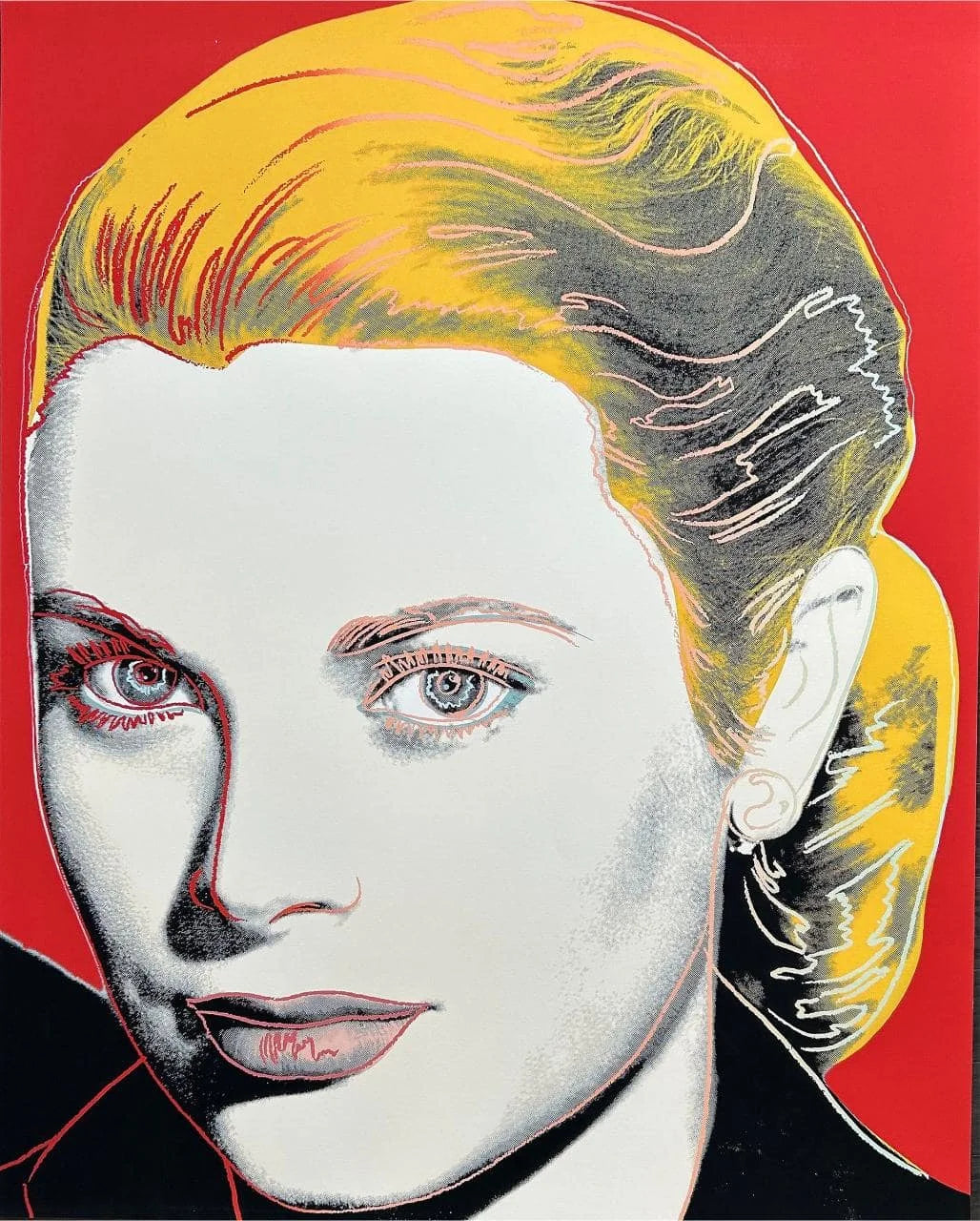 Surrealist portrait with a stylized face of Grace Kelly and yellow hair on a red background
