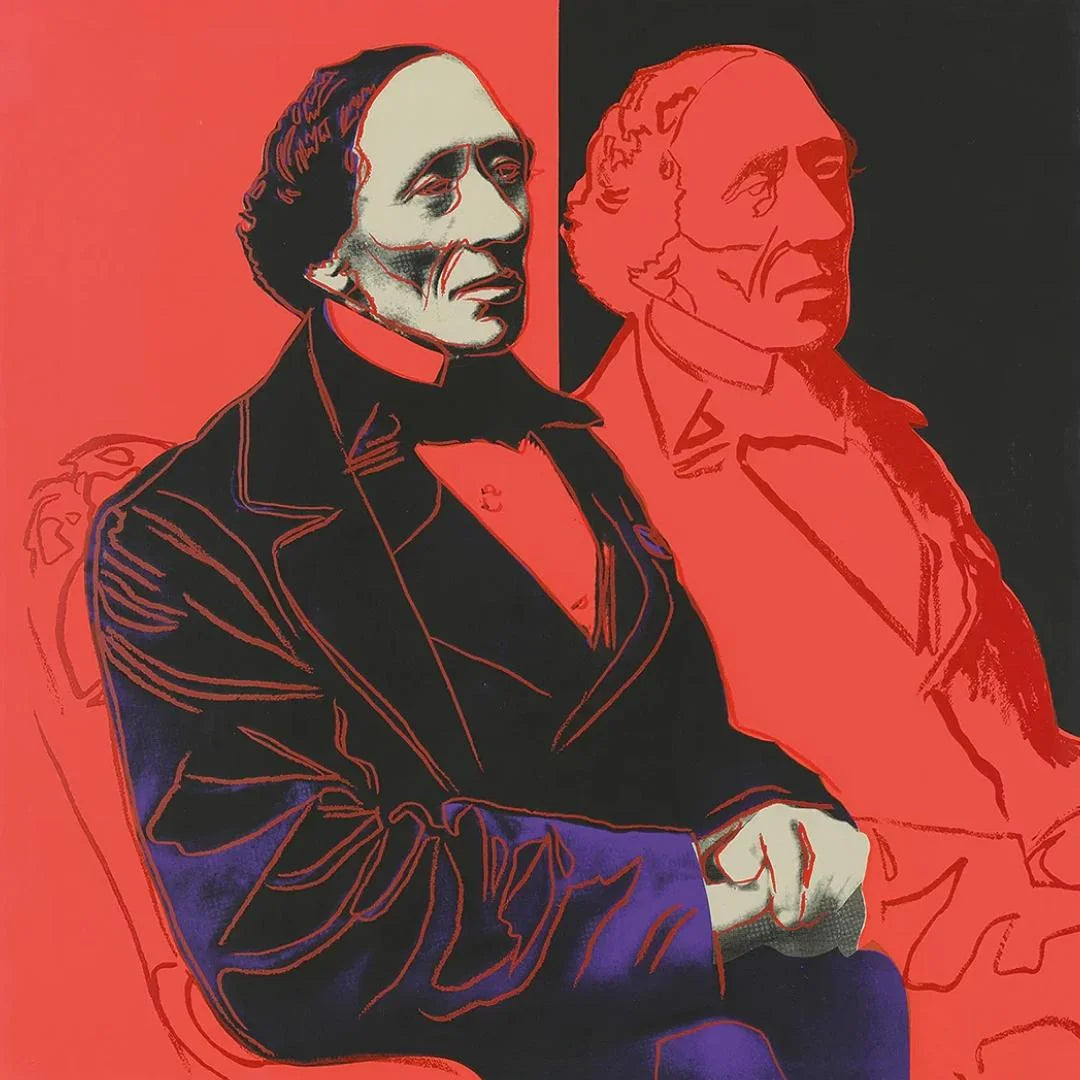 Two portraits of historical figures, one on a red background and the other on black, with a stylized artistic approach.