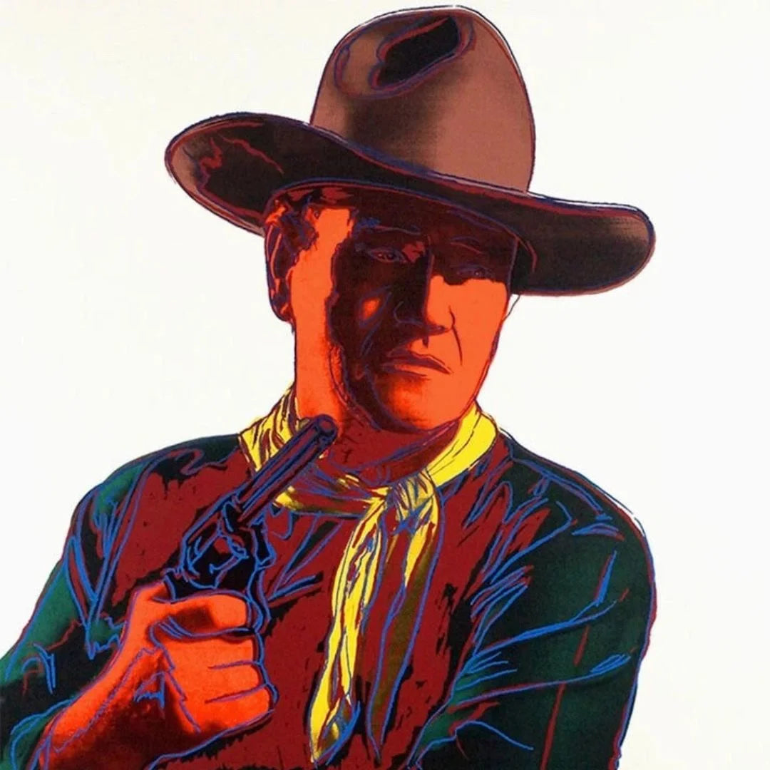 Colorful stylized illustration of a cowboy holding a gun on a white background