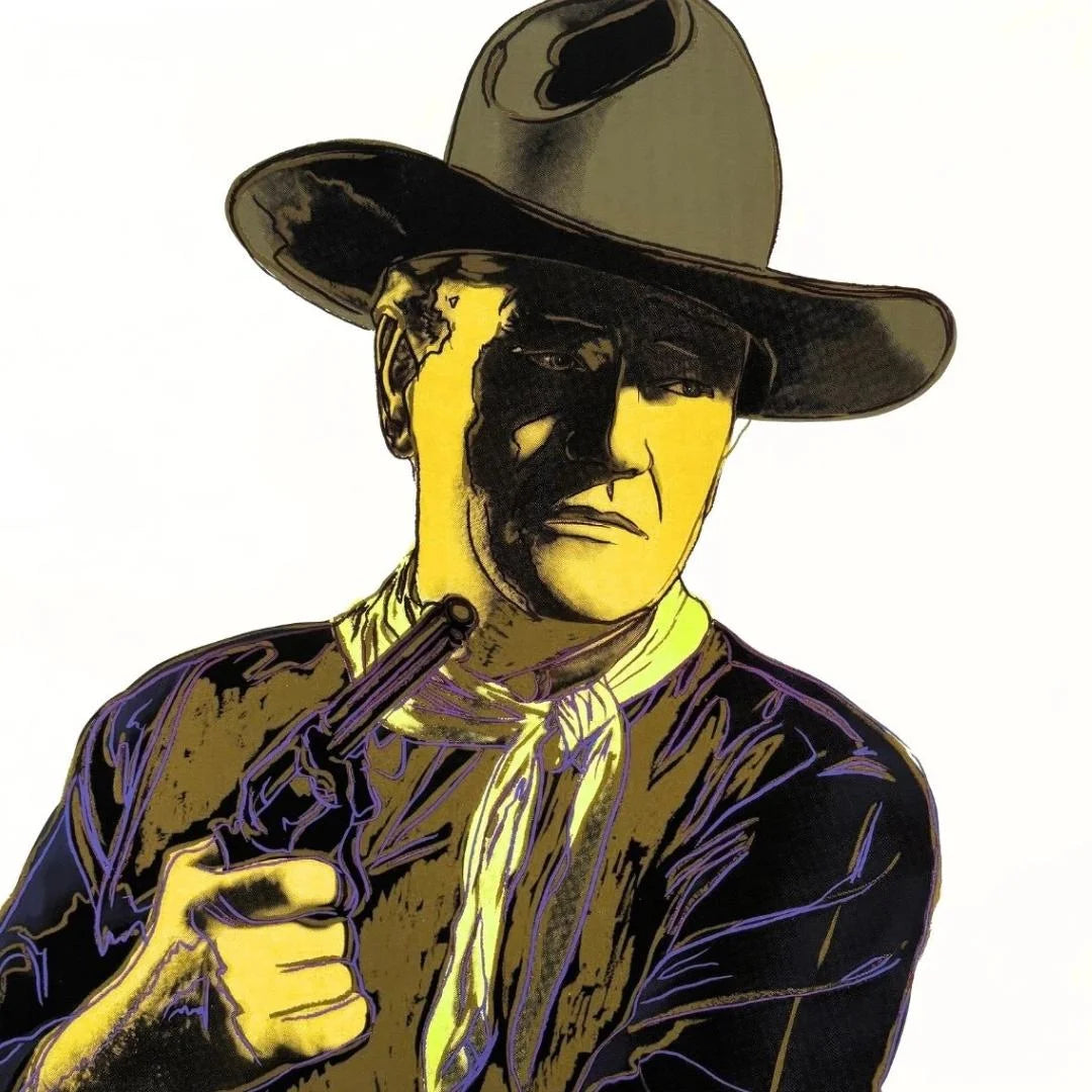 Illustration of a cowboy holding a gun with a stylized color palette.