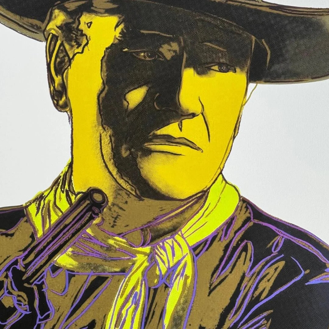 Stylized illustration of a cowboy with a gun, using a limited color palette.