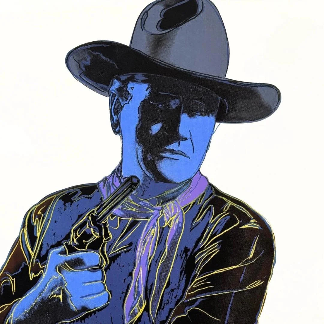 Blue-skinned cowboy holding a gun with a white background