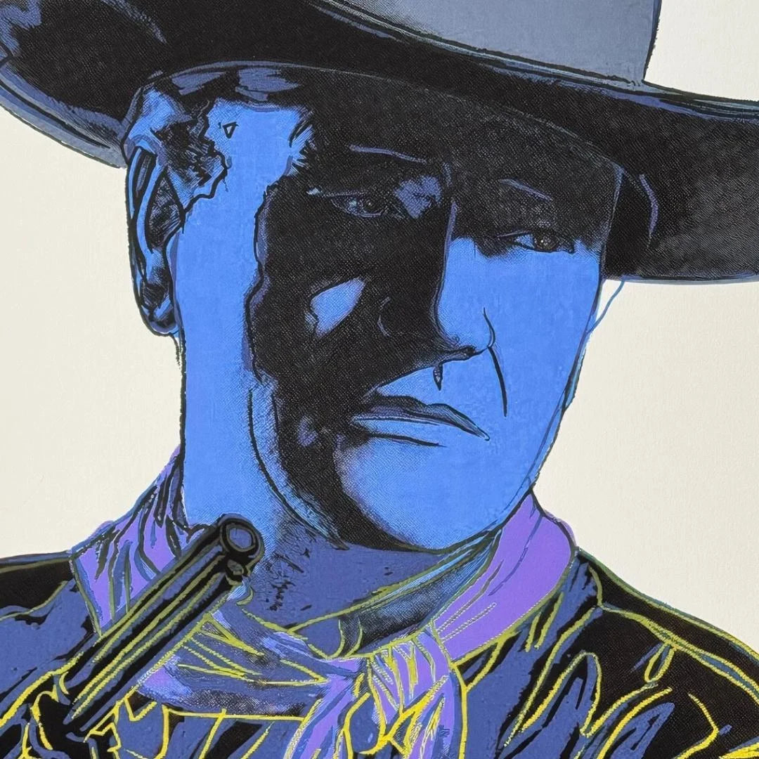 Blue-skinned cowboy with a gun and hat on a beige background