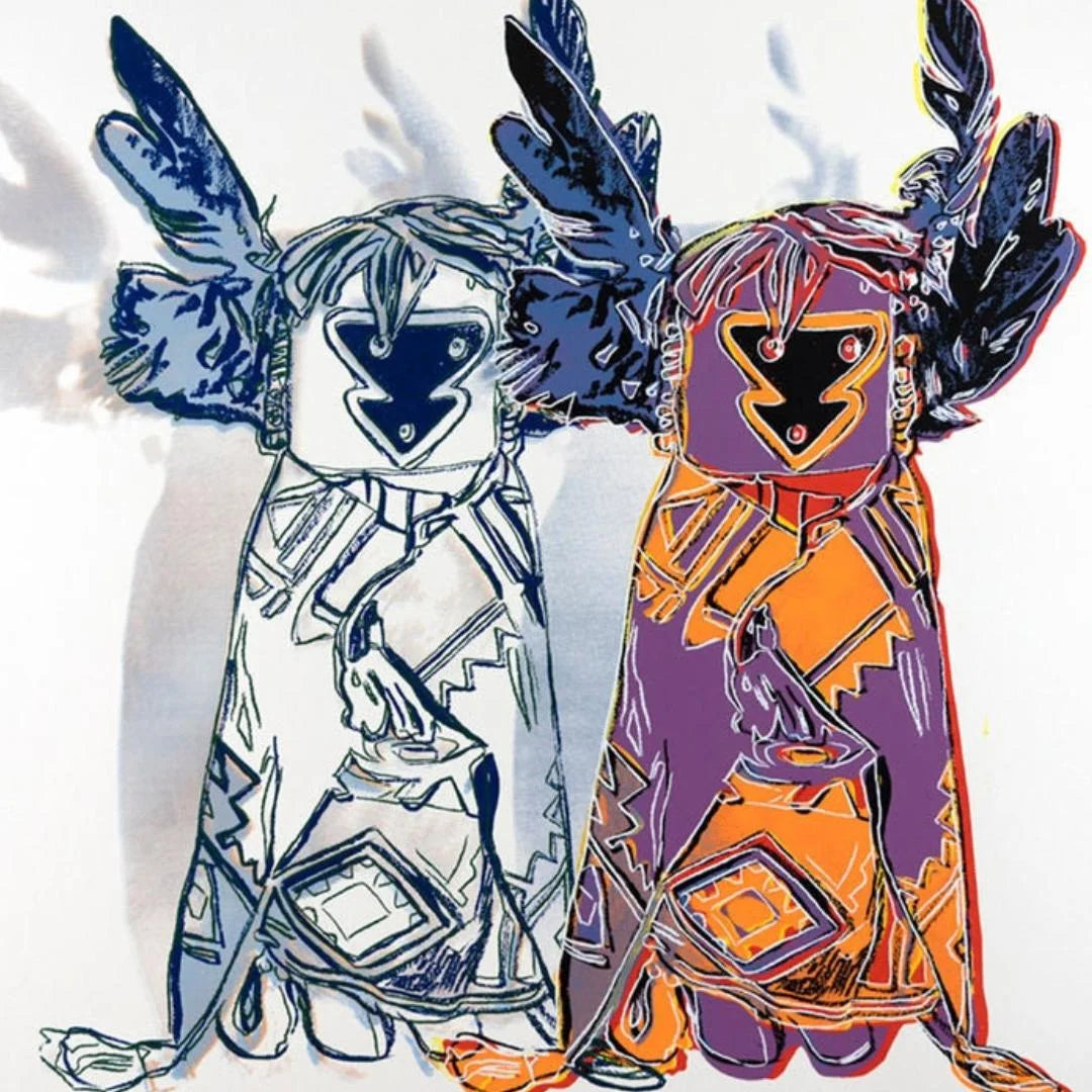 Two stylized figures with abstract Kachina Doll designs on a white background