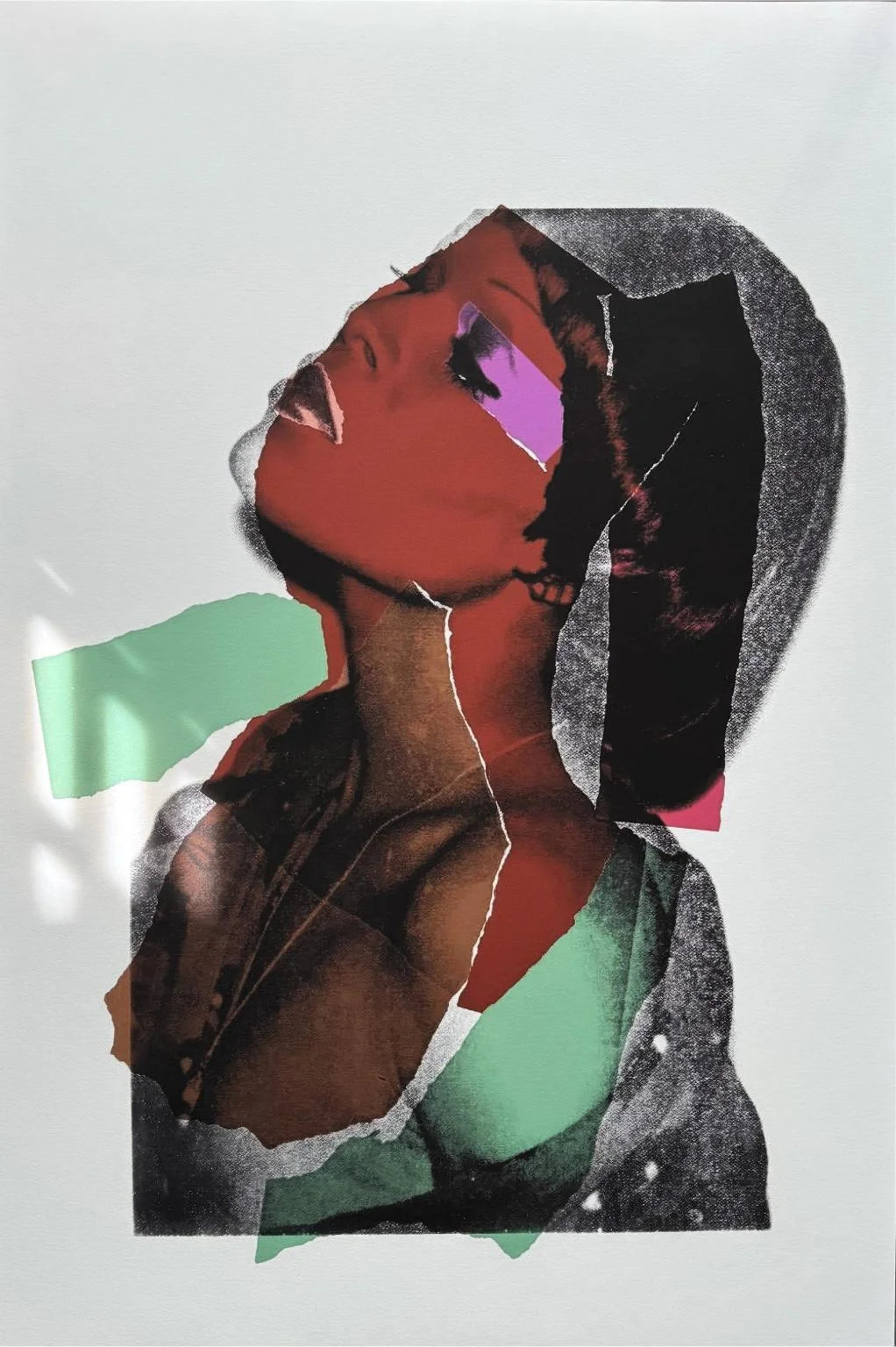 Collage art of a person with abstract shapes and colors on a light gray background