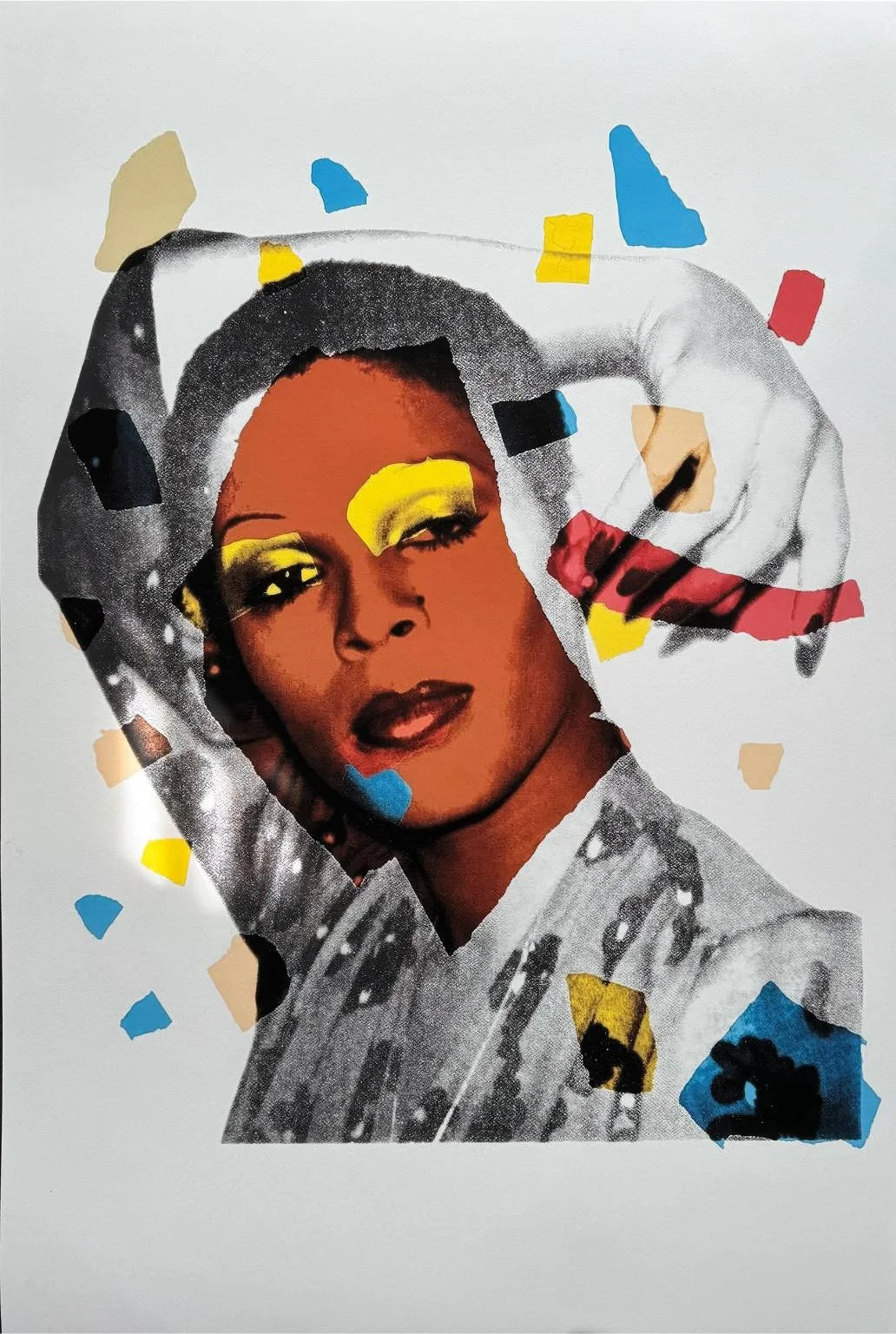 Collage of a person with colorful abstract shapes on a light gray background