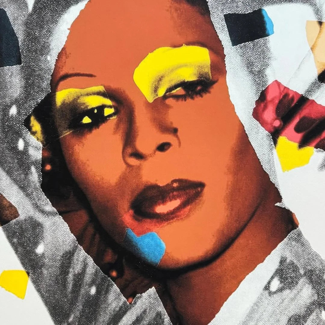 Collage of a trans woman's face with abstract shapes and colors