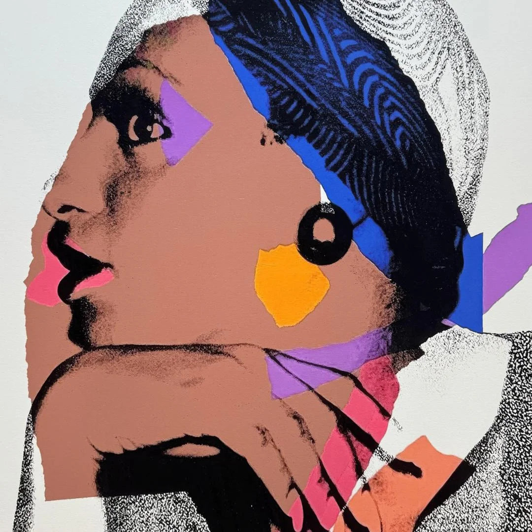 Abstract art of a woman's profile with geometric shapes and bold colors.