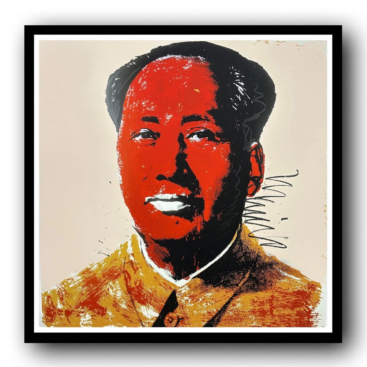 Framed artwork of a stylized portrait with bold red and black colors on a beige background