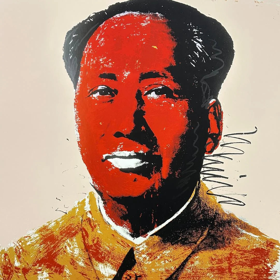 Stylized portrait of a historical figure with bold red and black colors on a beige background