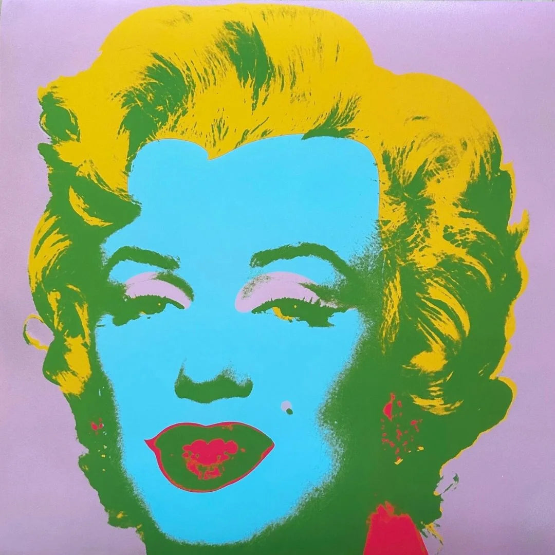 Colorful famous Warhol Pop Art portrait of Marilyn Monroe with a purple diamond dust background