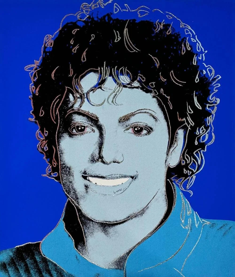 Stylized portrait of a Michael Jackson with blue skin and black hair against a blue background