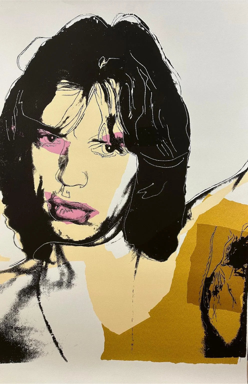 Andy Warhol's Artistic depiction of a Mick Jagger with dark hair and pink lipstick on a white background