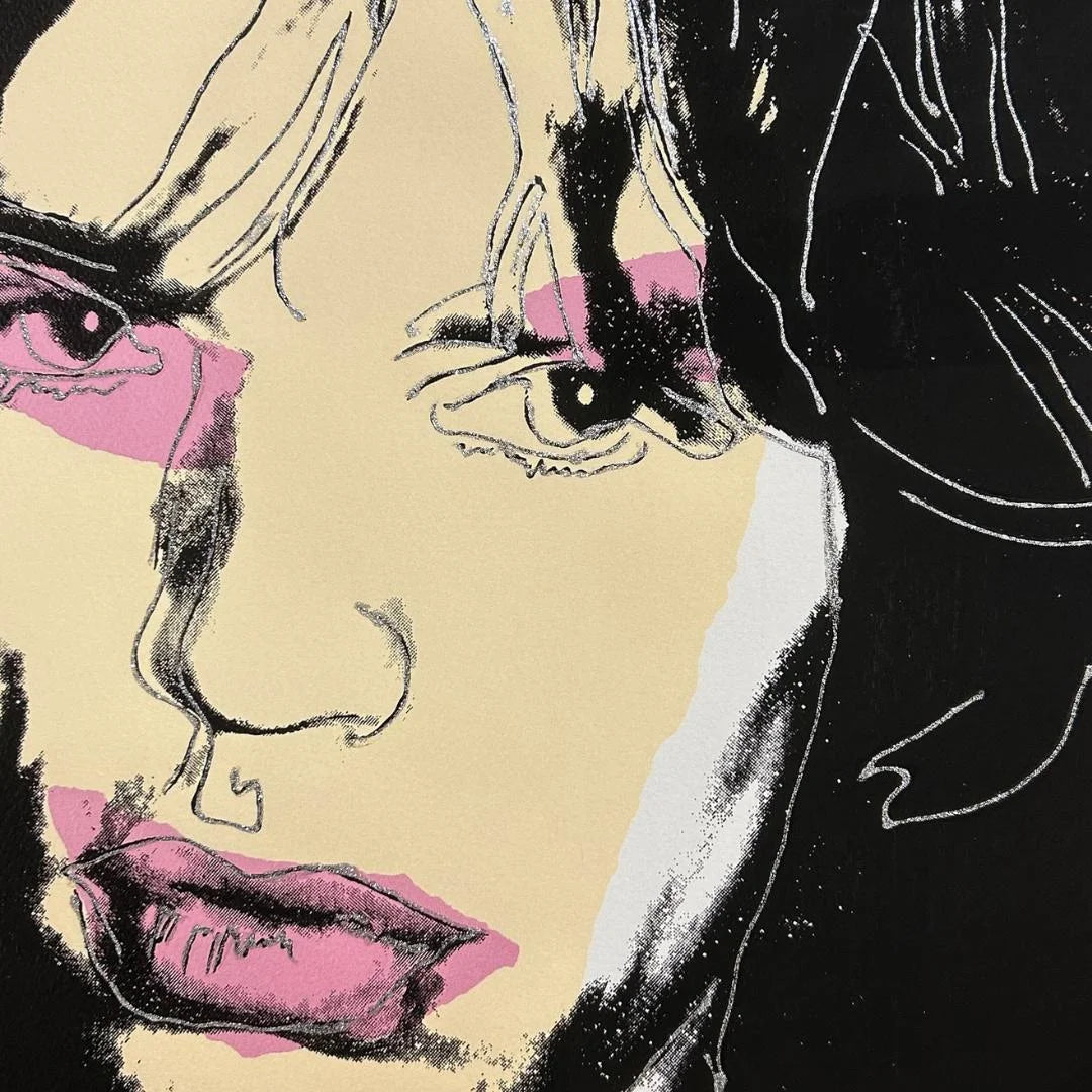 Artistic illustration of a face with pink lips and eyes on a beige background