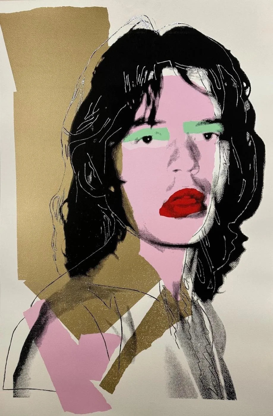 Artistic portrait of Rolling Stones Front Man Mick Jagger, with bold colors and abstract elements on a plain background