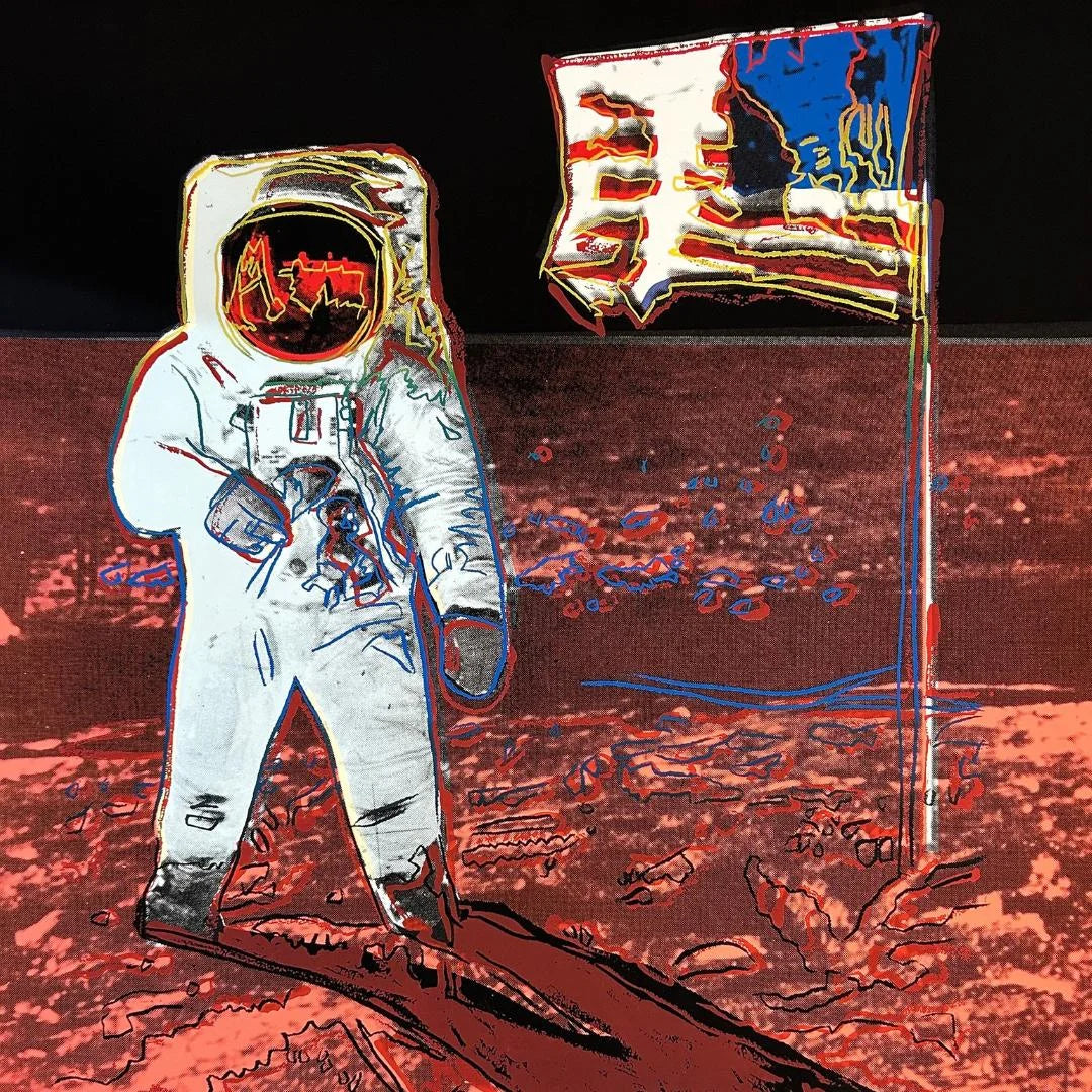 Illustration of an astronaut on the moon with a flag, set against a colorful moon and dark space background.